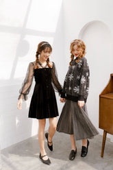 Velvet mini dress with mesh puff sleeves and front buttons for romantic evening style